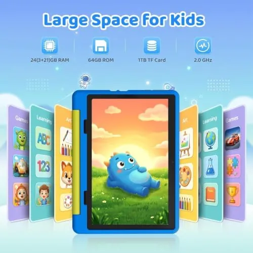 Detail shot of the Kids Tablet,Android 16 Tablet for Kids 10 inch with Case,24GB features